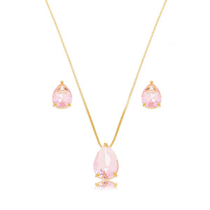 Conjunto Gota 3 Garras Banho Ouro 18K Cristal