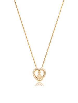 Colar Coração Nossa Senhora Cravejado Banho Ouro 18K Zircônia