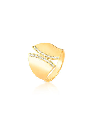 Anel Curvo Largo com Fileiras Cravejadas Banho Ouro 18k