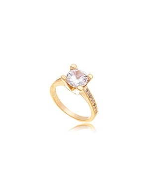 Anel Solitário Cravejado Pedra Banho Ouro 18K Cristal Zircônia