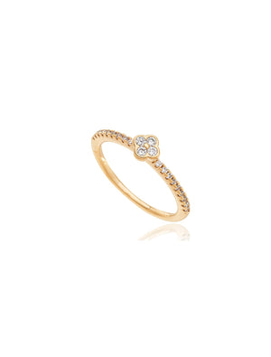 Anel Solitário Flor Cravejado Banho Ouro 18K Zircônia