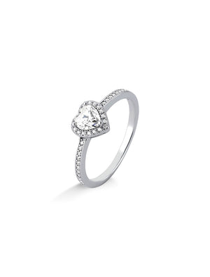 Anel Solitário Coração Cravejado 1mm Prata 925 Moissanite