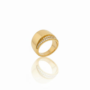 Anel Largo Liso Detalhe Cravejado Banho Ouro 18K