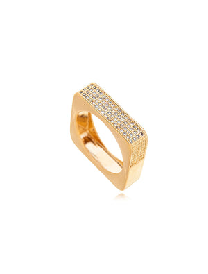 Anel Quadrado Largo Cravejado Banho Ouro 18K Zircônia