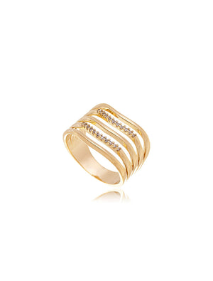Anel Fileiras Vazadas Detalhes Cravejados Banho Ouro 18K Zircônia