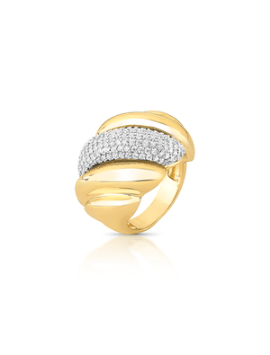 Anel Liso Abaulado Meio Cravejado Banho Ouro 18K Zircônia