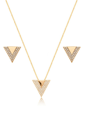 Conjunto V Cravejado Banho Ouro 18K Zircônia