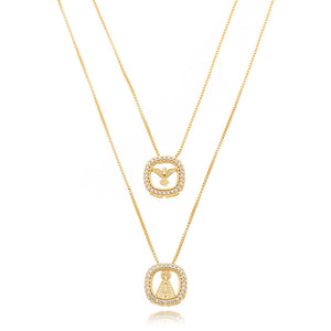 Colar Escapulário Nossa Senhora E Espírito Santo Quadrado Cravejado Banho Ouro 18K Zircônia