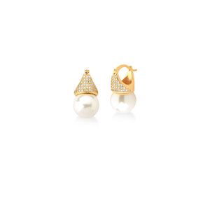 Brinco Base Triângulo Cravejado Banho Ouro 18K Pérola Shell