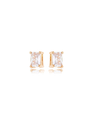 Brinco Fixo Retangular Banho Ouro 18K Cristal