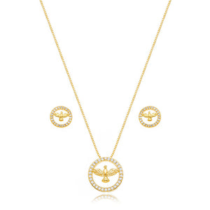 Conjunto Espírito Santo Cravejado Banho Ouro 18K Zircônia