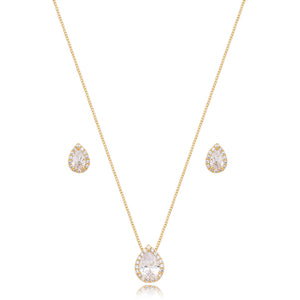Conjunto Gota Cravejada Banho Ouro 18k Zircônia