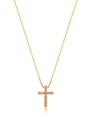 Colar Teen Delicado Mini Cruz Cravejado Banho Ouro 18K Zircônia