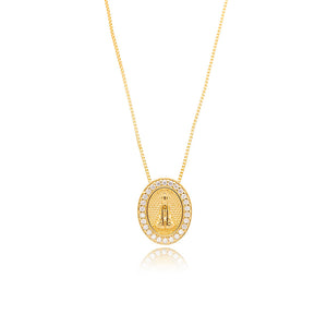 Colar Medalha Pequena Nossa Senhora Aparecida Cravejada Banho Ouro 18K Zircônia