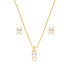 Conjunto Retangular Ponto de Luz Banho Ouro 18K Zircônia