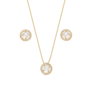 Conjunto Pingente Redondo Cravejado Pequeno Banho Ouro 18K Cristal