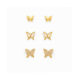 Brinco Trio Borboletas Banho Ouro 18K com Zircônia e Madrepérola