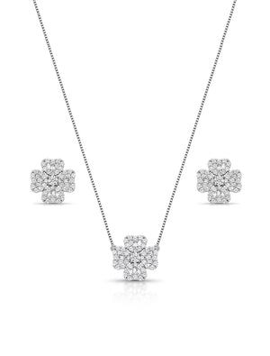 Conjunto Trevo Cravejado Banho Ródio Zircônia
