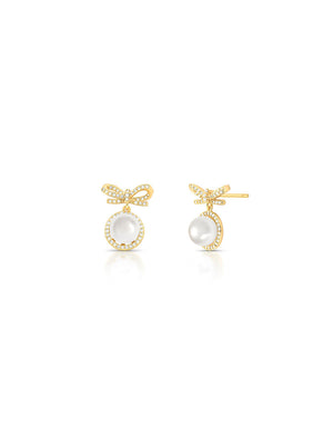 Brinco Base Laço Vazado Cravejado Banho Ouro 18K Pérola Shell Zircônia