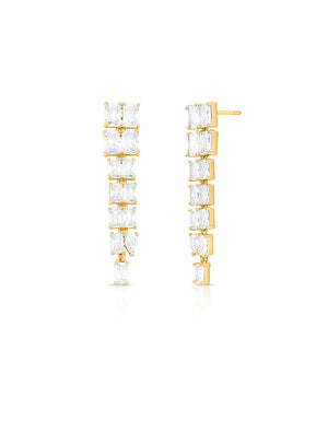 Brinco Longo Fileiras Retangular Banho Ouro 18K Cristal