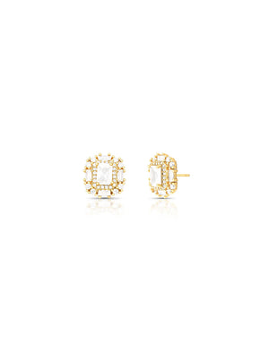 Brinco Fixo Retangular Baguete Detalhe Cravejado Banho Ouro 18K Cristal Zircônia