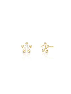 Brinco Flor Baguete Detalhe Ponta Pétala Cravejada Banho Ouro 18K Cristal Zircônia