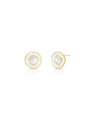 Brinco Redondo Baguetes Banho Ouro 18K Cristal Pérola Shell