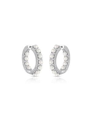 Brinco Argola Cravejado Detalhes Pérola Banho Ródio Pérola Shell Zircônia