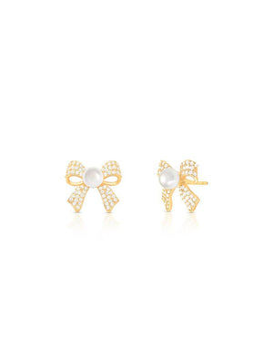 Brinco Laço Cravejado Fixo Banho Ouro 18K Pérola Shell Zircônia