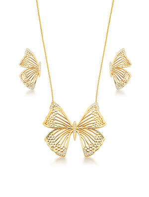 Conjunto Borboleta Detalhe Cravejado Banho Ouro 18K Zircônia