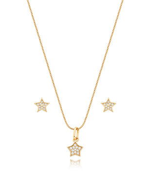 Conjunto Infantil Estrelinha Delicada Cravejada Banho Ouro 18K Zircônia
