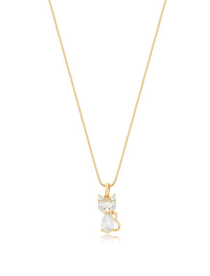 Colar Infantil Pingente Gatinho Banho Ouro 18K Cristal