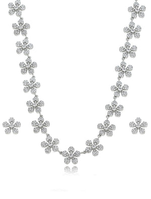 Conjunto Flores Cravejadas Banho Prateado Zircônia