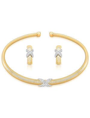 Conjunto Aro Texturizado X Cravejado Banho Ouro 18k Zircônia