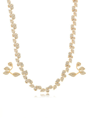Conjunto Folhas Cravejadas Banho Dourado Zircônia