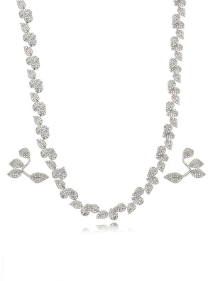 Conjunto Folhas Cravejadas Banho Prateado Zircônia