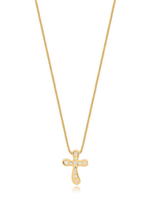 Colar Teen Cruz Pequena Cravejada Banho Ouro 18K Zircônia