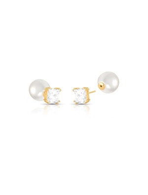 Brinco Ear Jacket Quadrado Cristal e Pérola Shell Banho Ouro 18K