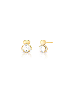 Brinco Base Oval Lisa Cravejada Banho Ouro 18K Zircônias