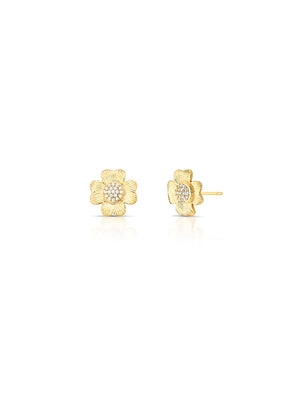 Brinco Fixo Flor Pequena Meio Cravejado Zircônia Banho Ouro 18K