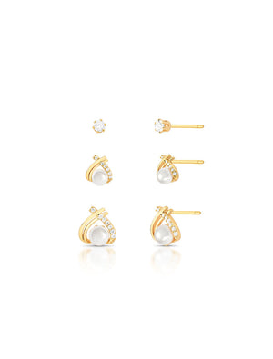 Brinco Trio Detalhes Cravejados Banhado Ouro 18K Pérola Shell  Zircônia