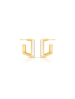 Brinco Meia Argola Quadrada Baguetes Cravejada Cristal Banho Ouro 18K