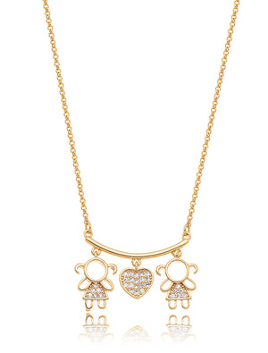 Colar Pingentes Meninas e Coração Cravejado Banho Ouro 18K