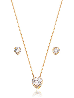 Conjunto Coração Cravejado Banho Ouro 18K Cristal Zircônia