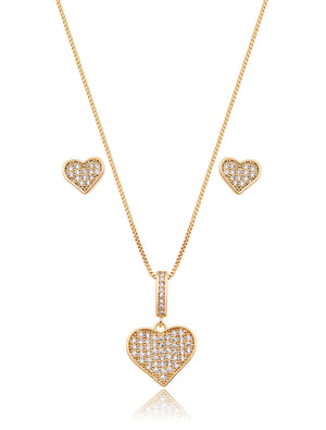 Conjunto Coração Cravejado Banho Ouro 18K Zircônia