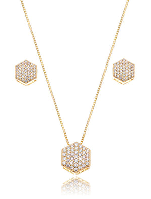 Conjunto Hexágono Cravejado Pavê Banho Ouro 18K