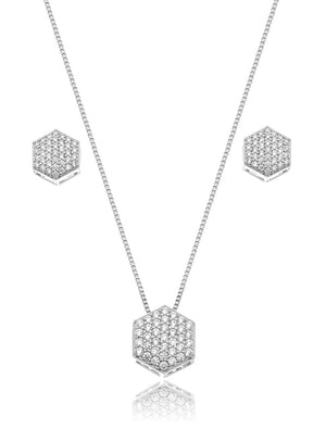 Conjunto Hexágono Cravejado Pavê Banho Ródio