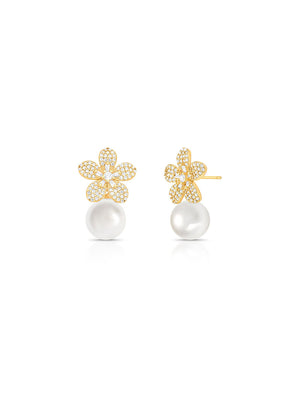 Brinco Base Flor Cravejado Pérola Banho Ouro 18K Pérola Shell