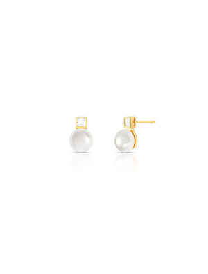 Brinco Base Quadrado Delicado Banho Ouro 18K Cristal Pérola Shell