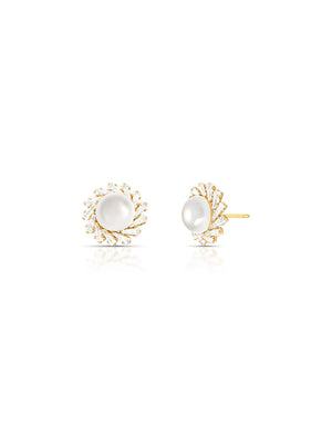 Brinco Flor Meio Pérola Banho Ouro 18K Pérola Shell
